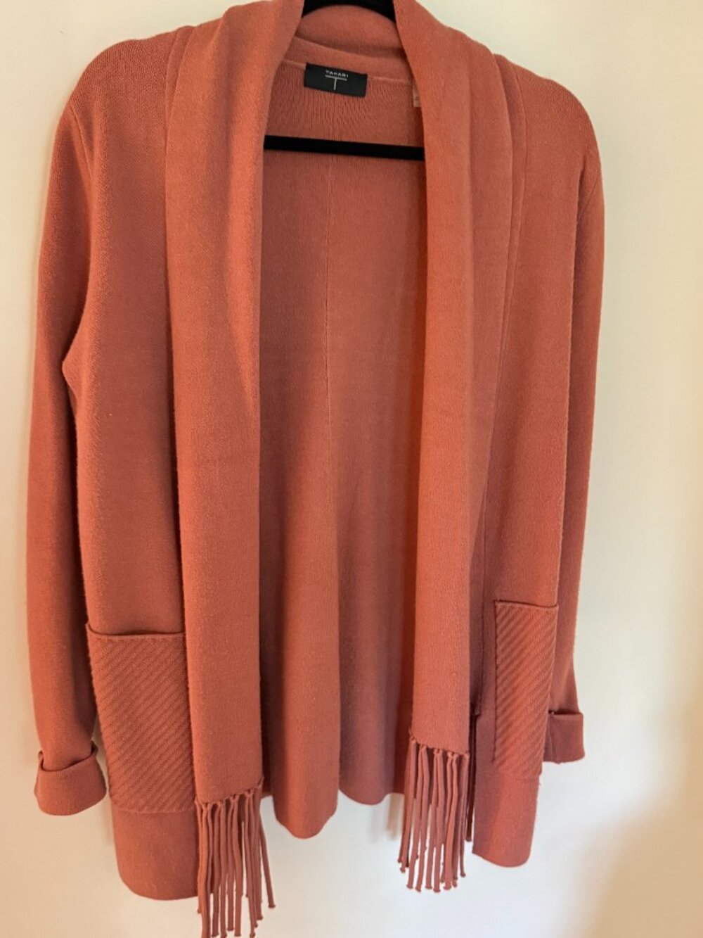 Tahari Open-Front Fringe Cardigan Sweater | Shawl Collar | Pockets